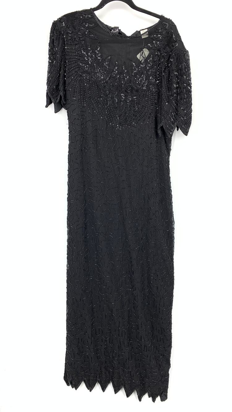 Scala Silk Dress Womens L Black Sequin Beaded Short Sleeve Maxi Vintage Evening